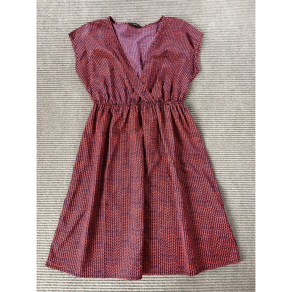 Soprano Womens Orange Navy Blue Geometric V-Neck Elastic Waist Mini Dress Small